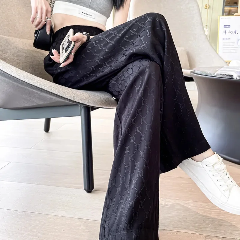 Summer Thin Fashion Loose Casual Ice Silk Wide Leg Pants Women Solid Jacquard High Waist Drawstring Pockets Straight Trousers
