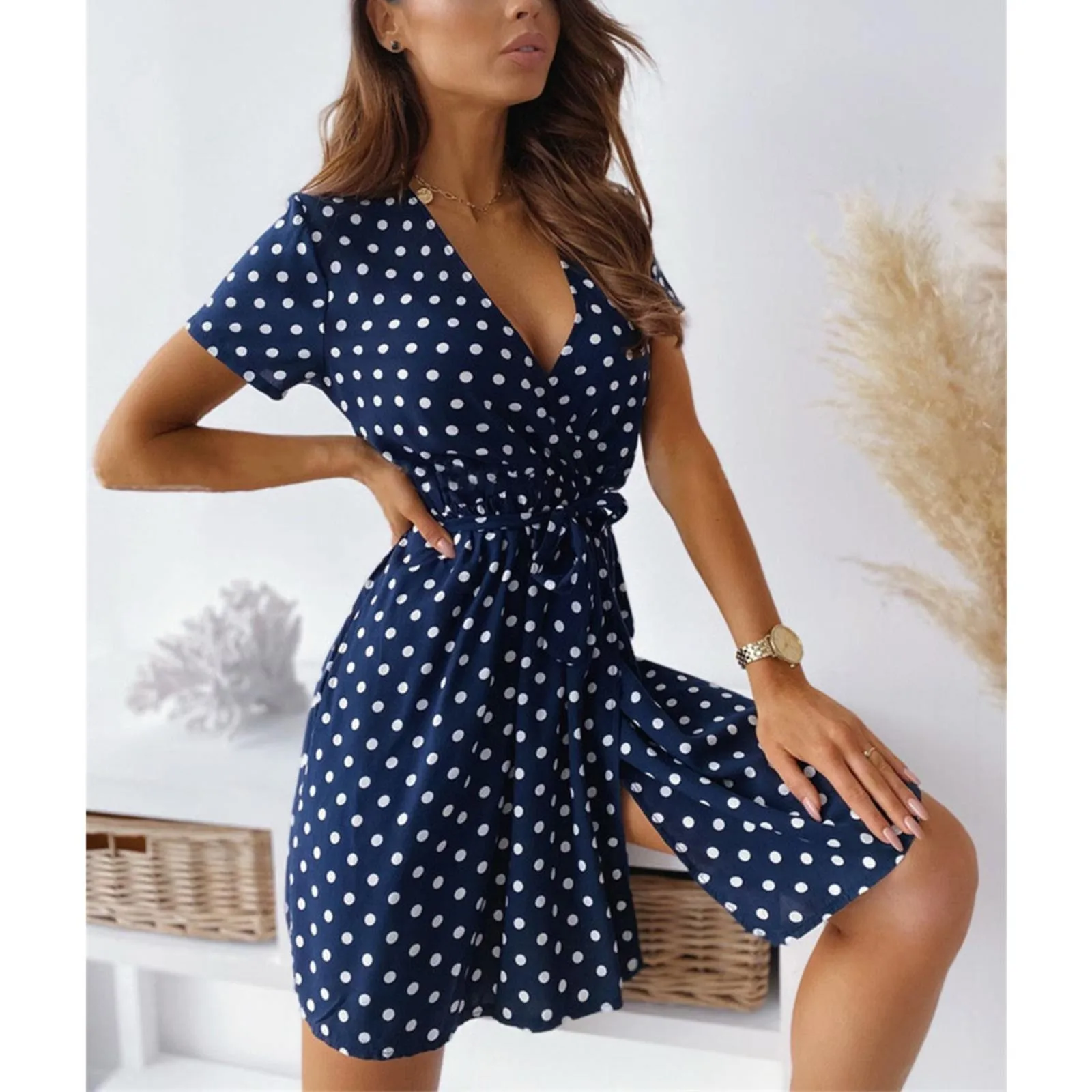 

Women Summer Short Sleeve Swing Tunic Mini Dress Polka Dot V-Neck Lace Up Short Dress Casual Slim A-Line Beach Holiday Dresses