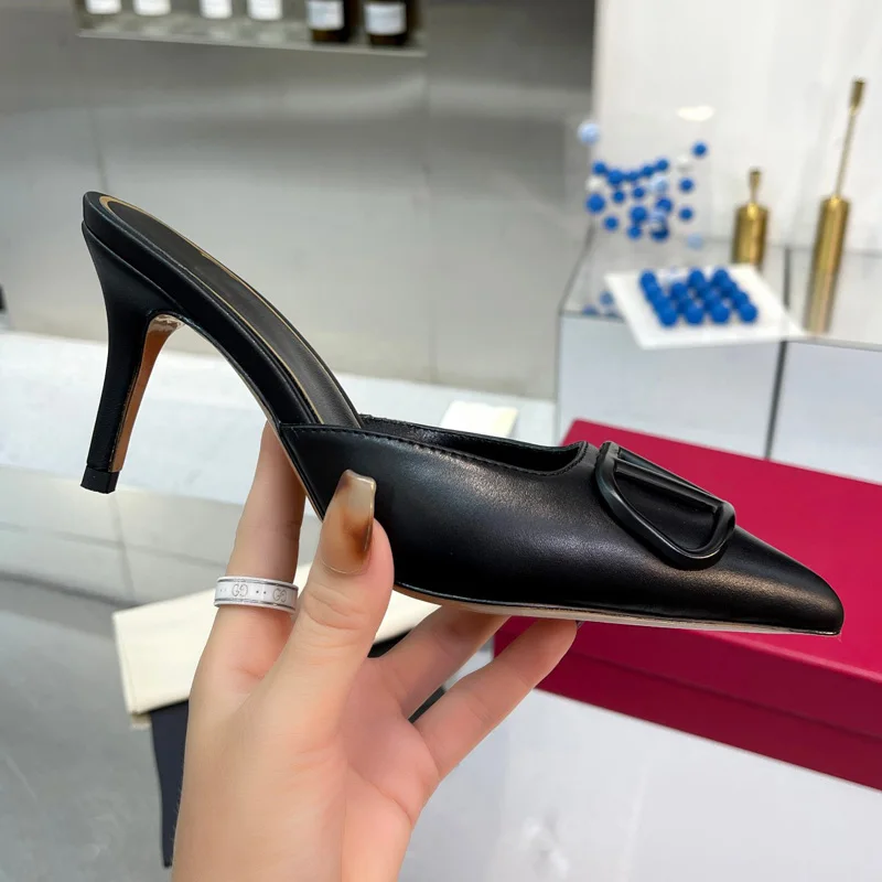 GPBD Designer High Heels Slipper For Woman Casual Fashion Metal Leather Matte Womens Sandal Real Leather Banquet Woman Shoes