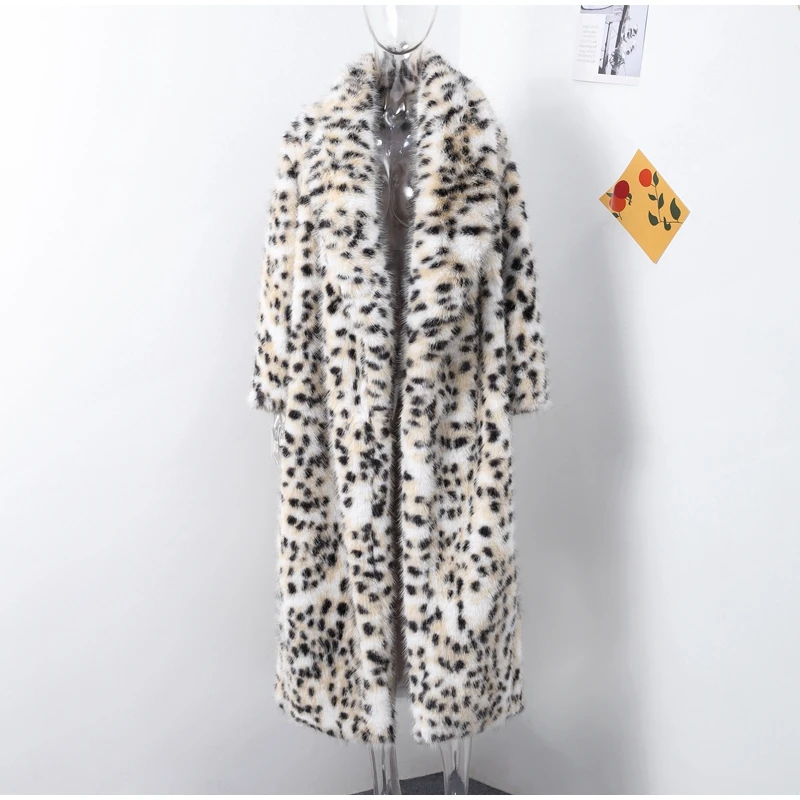 Fashion Animal Lapel Faux Fur Long Coat Women Loose Long Sleeve Pocket Lady Overcoats Autumn Winter Warm Street Thick Outwear