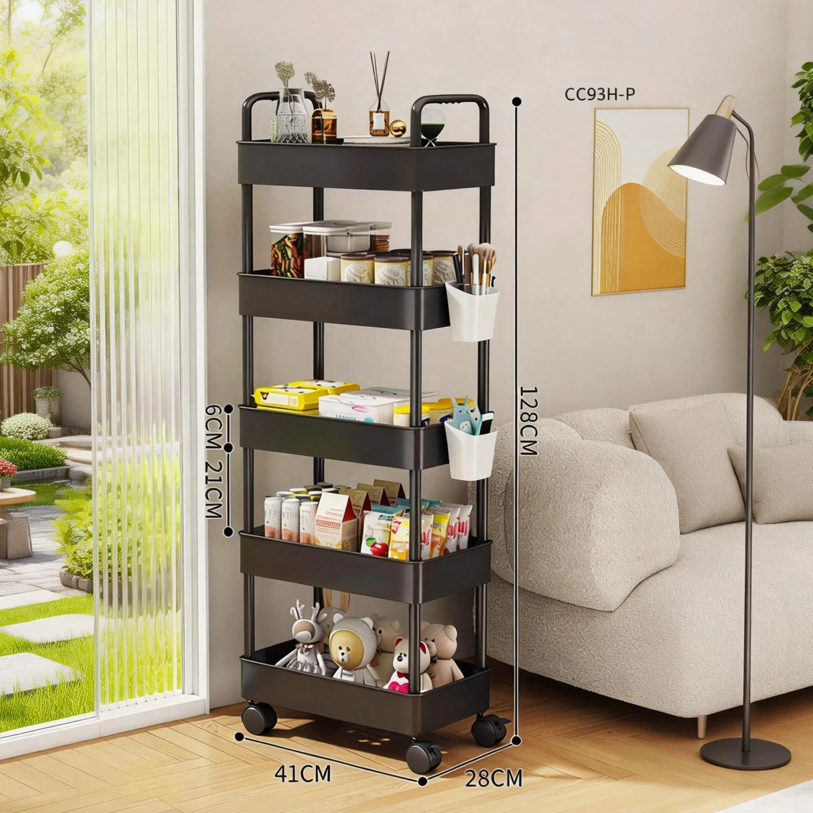 5-Tier Slim Storage Trolley on Wheels, Plastic Slide Out Rolling Utility Cart with Handle, Mobile Shelving Unit, Narrow Shelf Un