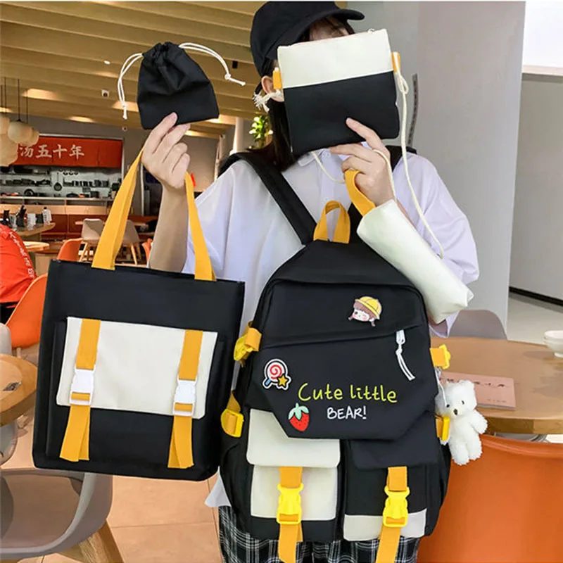 5 PCS Backpack for Middle School Students Female Korean Version Large Capacity Schoolbag for Grade 3-6 Primary School Students