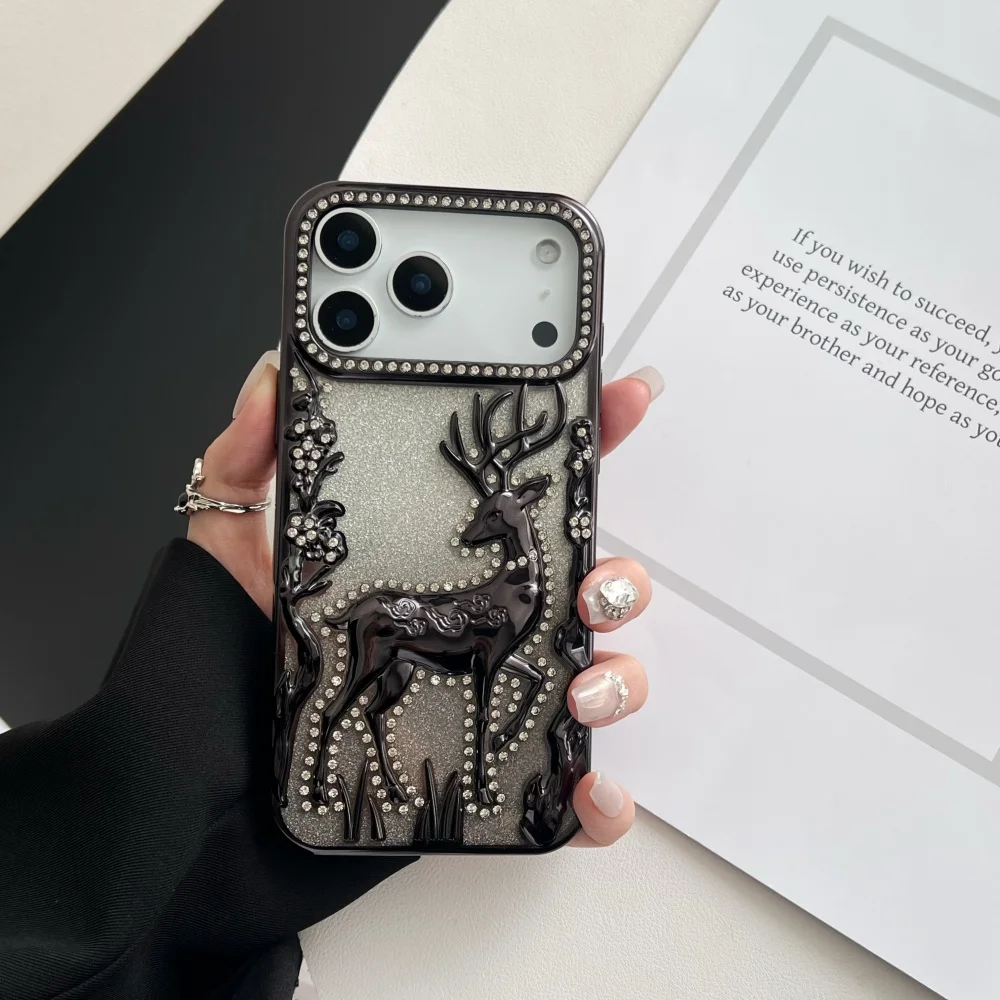 Elegant 3D Deer Diamond Glitter Phone Case - Shiny Electroplated Shockproof TPU Cover