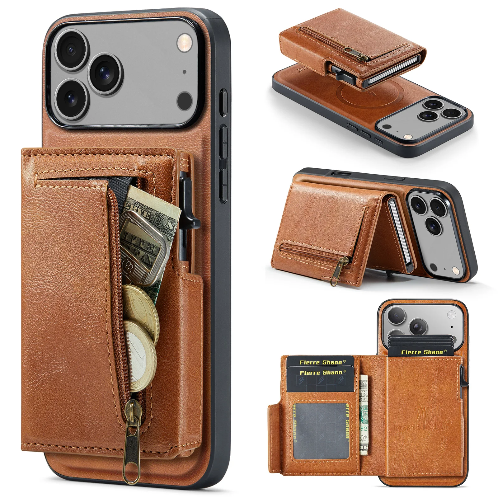 Dual-Purpose Wireless Charging Faux Leather Phone Case with Key Card Slot