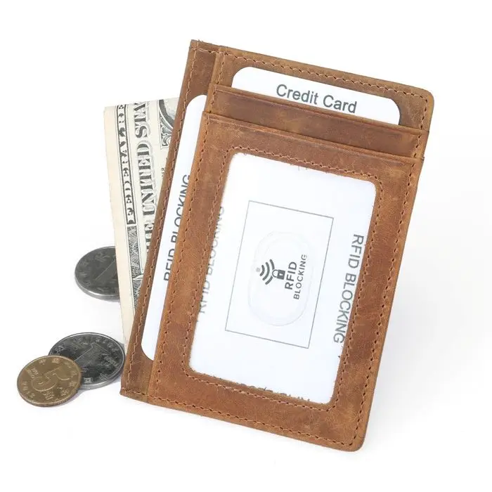 100% Genuine Cow Leather Card Holder Men Women Bank ID Card Holder Case RFID Blocking Vintage Pocket Wallet