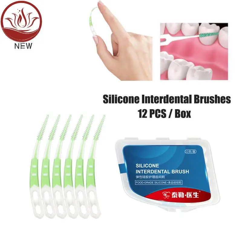 

12Pcs/Box Silicone Interdental Brushes Toothpicks Brushes Between Teeth Silicone Toothpicks With Thread Oral Cleaning Tools