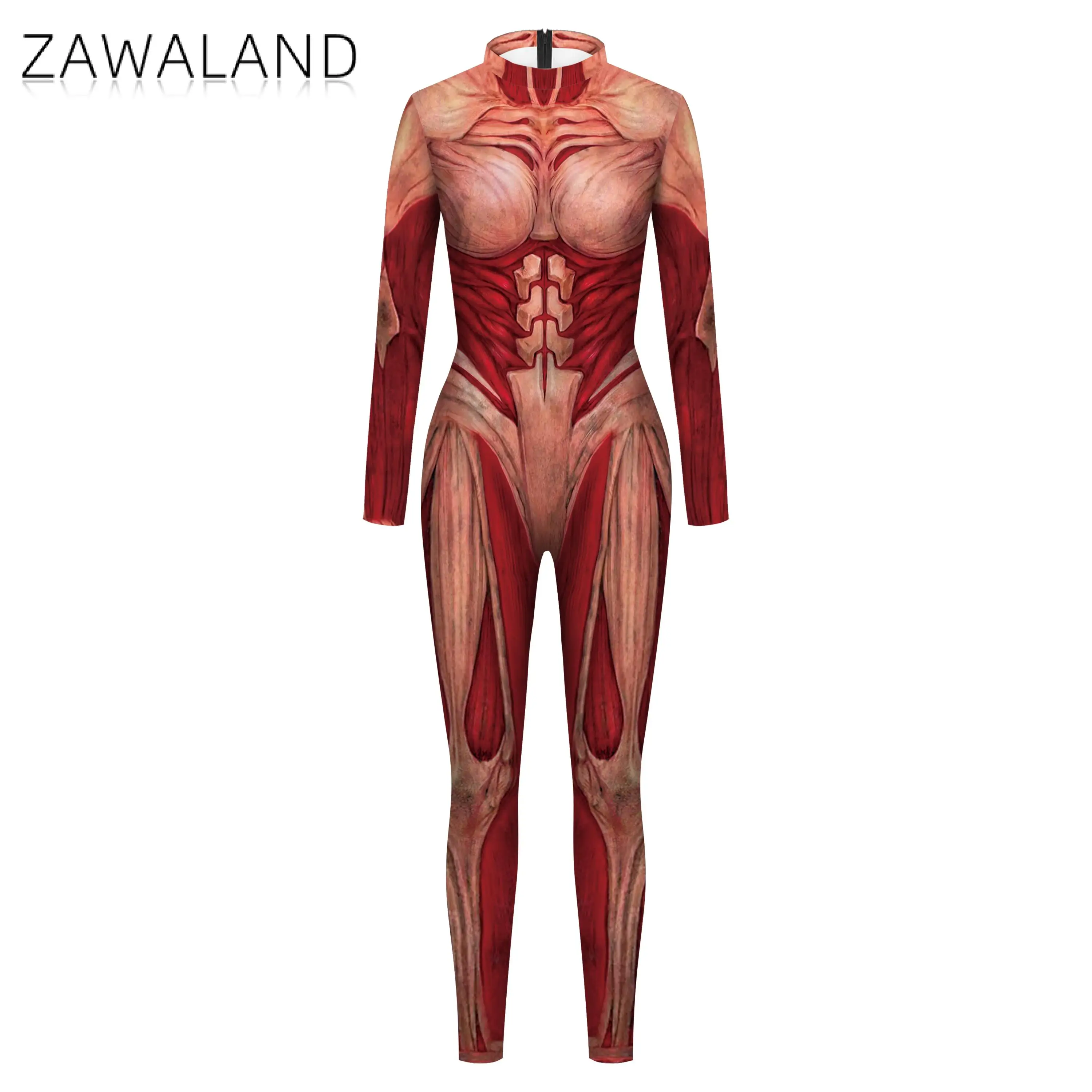 Cosplay Costume-Zawaland Halloween 3D Printing Body Muscle Jumpsuits for Adult Skeleton Performance