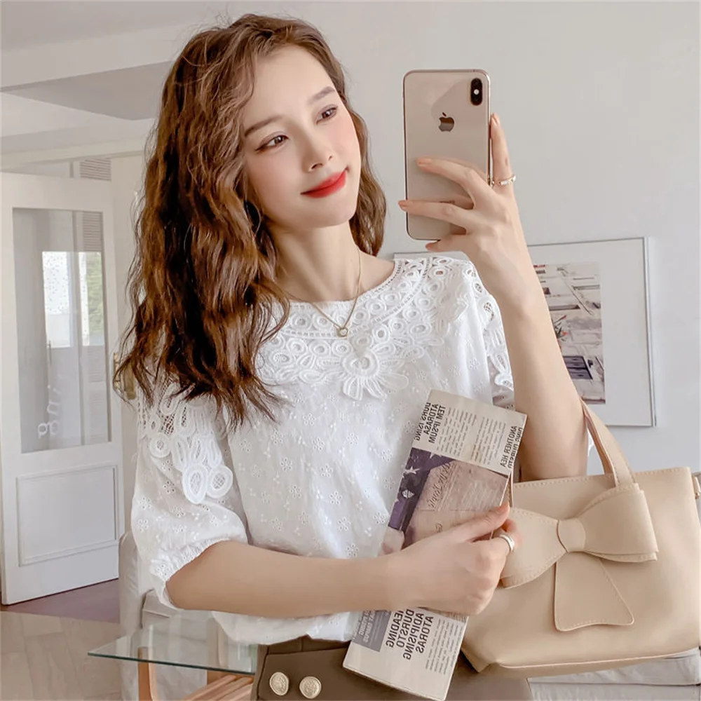 Summer Chic Short Sleeve Elegant Fashion Top Ladies Chiffon  Temperament Solid Blouose Women V-neck Loose All-match Shirt