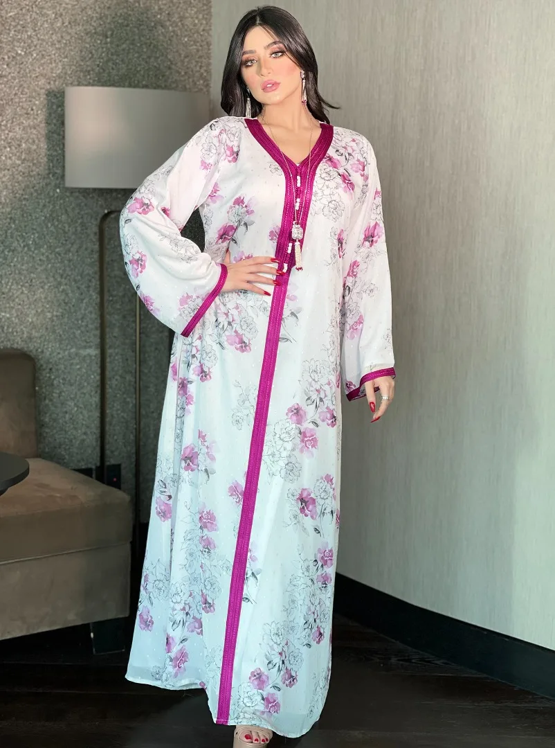 فستان نسائي طويل مطبوع عليه زهور ، والعيد ، عباية إسلامية ، والجلابية ، ورمضان ، ومروكو ، ودبي ، وعربي ، وقفطان ، وفساتين إسلامية