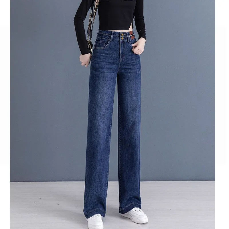 Women's Clothing Fashion Simplicity High Waist Jeans 2023 Spring Autumn All-match Button Vintage Wide Leg Denim Pants for Female