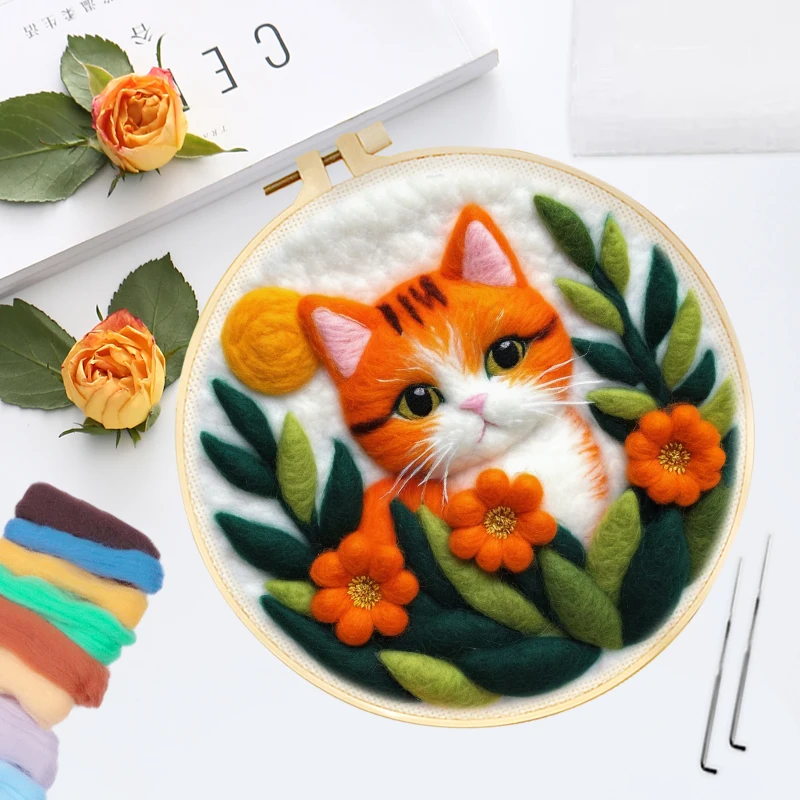 CHENISTORY Wool Felting Painting Frame DIY Cat Animal Wool Embroidery Kit Funny Needle Felt Picture Kit Craft Painting Gift wool felting kit needle felt kit