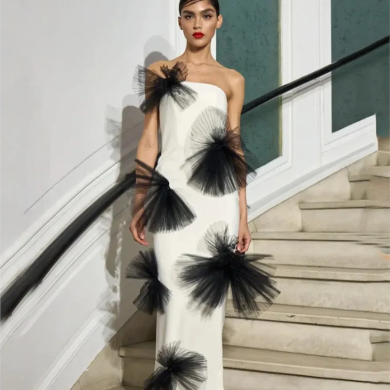 

Women's Strapless Sleeveless 3D Black Tulle Flower Long Maxi Bodycon Sexy Celebrity Club Party Evening Dress Vestidos