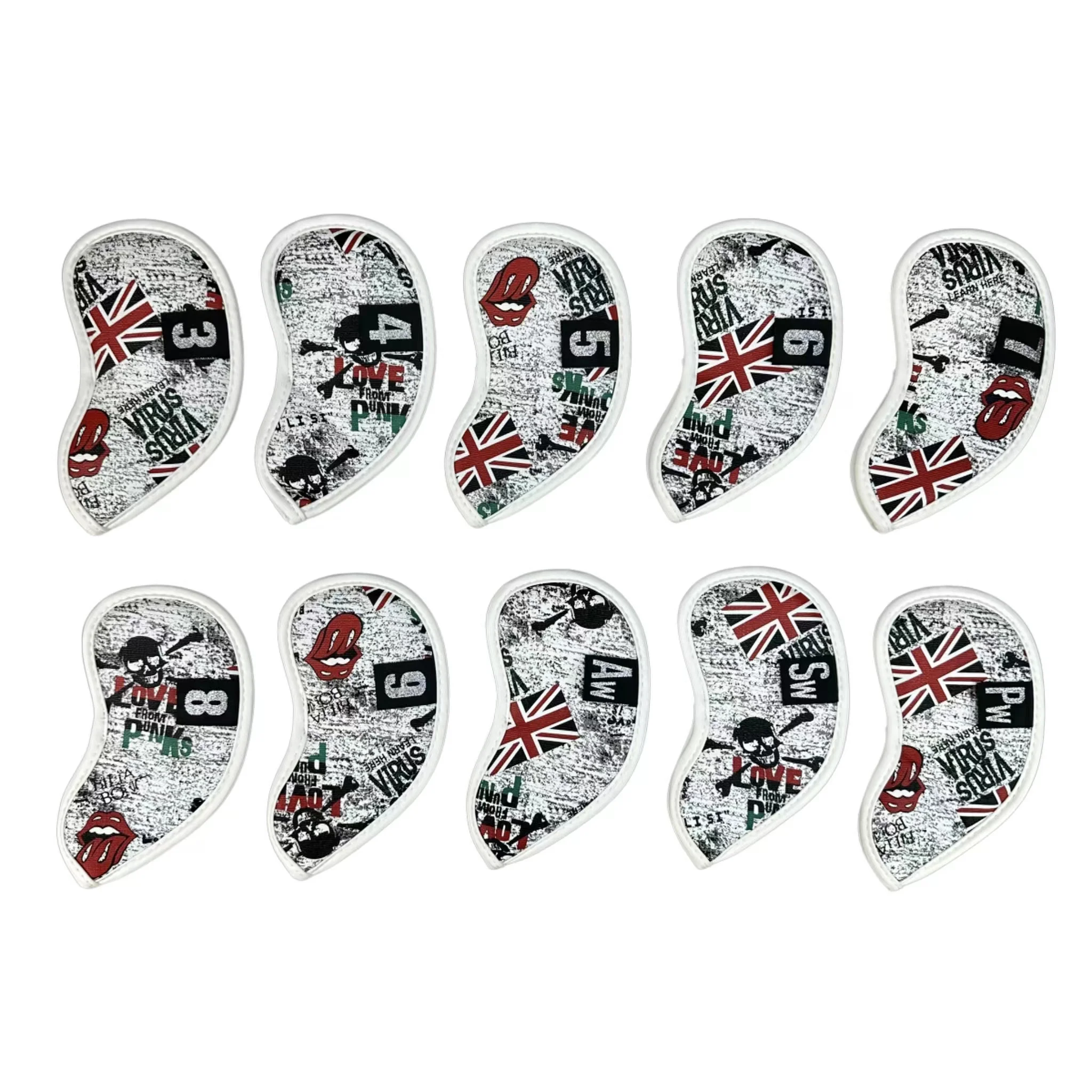 10Pcs Golf Iron Headcover UK Flag Skull With Number Tags Thick PU Artificial Leather Iron Club Head Cover