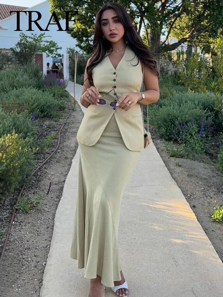TRAF Women 2024 Fashion Summer Vest Skirt Sets Khaki V-Neck Sleeveless Pockets Waistcoats+High Waist Asymmetrical Skirt Suits