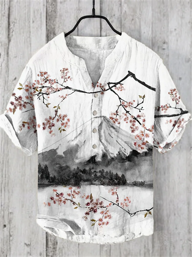 New ink cherry blossom mountain print stand collar short-sleeved shirt foreign trade fashion casual loose bamboo linen shirt top bm800 condenser microphone kit live streaming pc karaoke voice recording stand set hot selling foreign trade