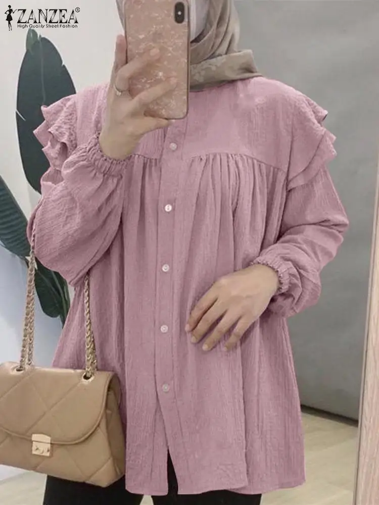 

ZANZEA Muslim Solid Casual Blouse Woman Stylish Tops Female Puff Sleeve Chemise Elegant Isamic Clothing Vintage Turkey Blusas