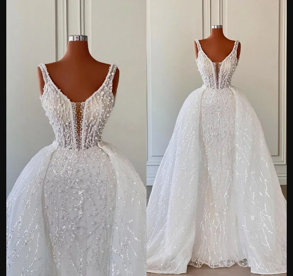 

Spaghetti Straps Handwork Pearls Mermaid Wedding Dress with Detachable Train Robe Mariée Sequins Plus Size Bridal Gowns