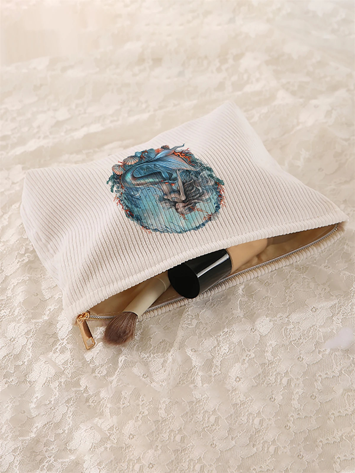1 mermaid patterned corduroy makeup bag, lightweight zipper makeup storage box, multifunctional bag with lining