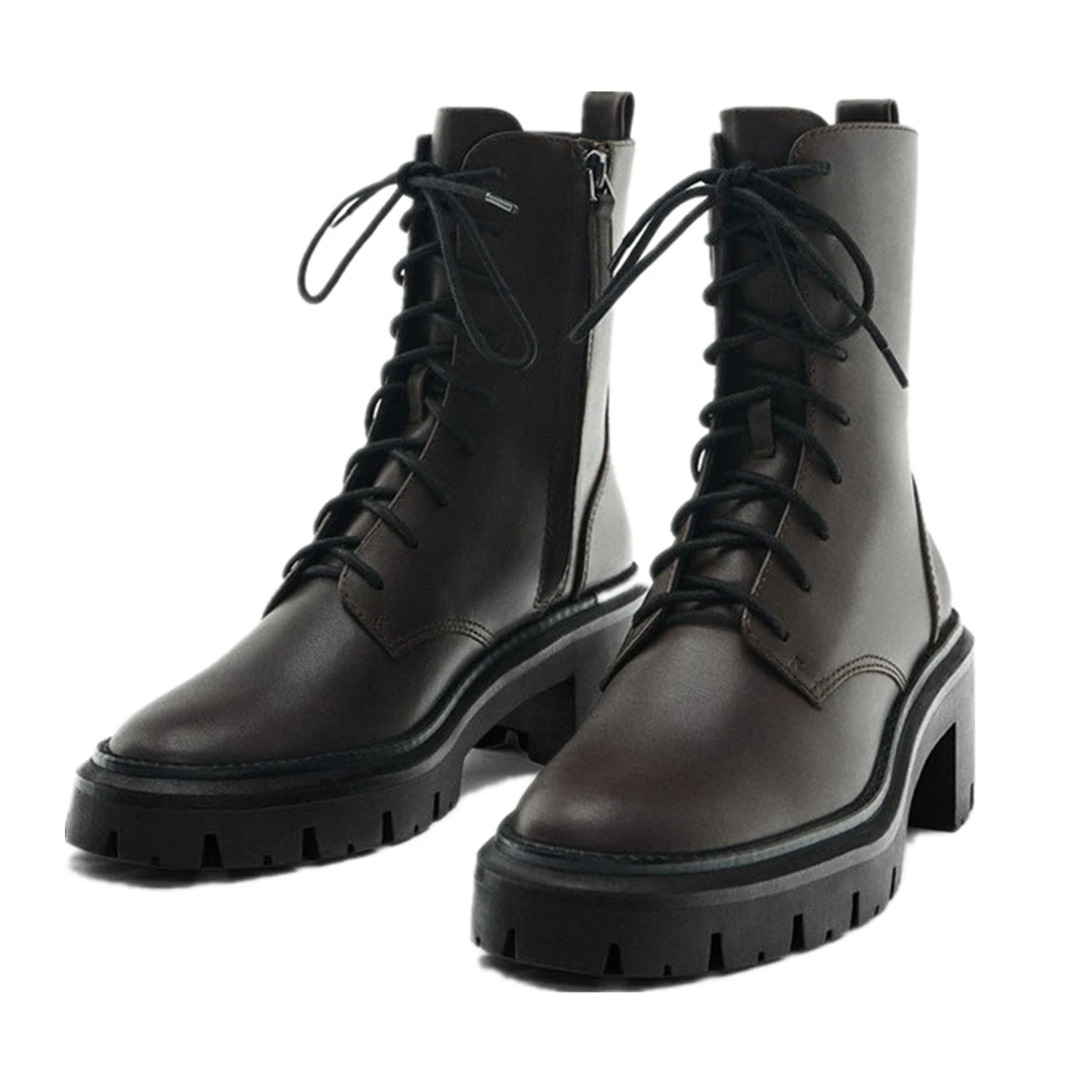 Dave&Di Vintage Genuine Leather Thick Heel Bandage Ankle Boots Women Cowhide Side Women Zipper Motorcycle WInter Boots