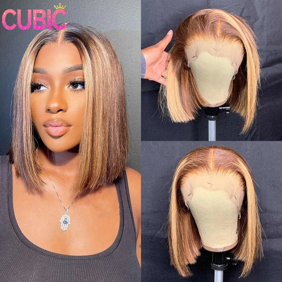 

CUBIC Colored Highlight Glueless Lace Front Wigs Human Hair Pre Plucked Ombre Lace Front Wig Human Hair Pre Cut Honey Blonde