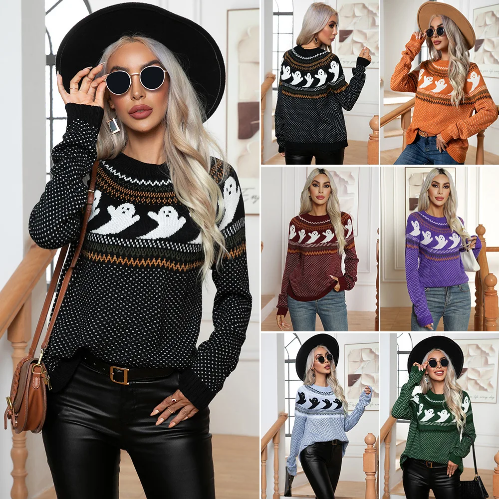 

Explosive Halloween Ghost retro polka dot long sleeve knit sweater for women loose fall/winter women