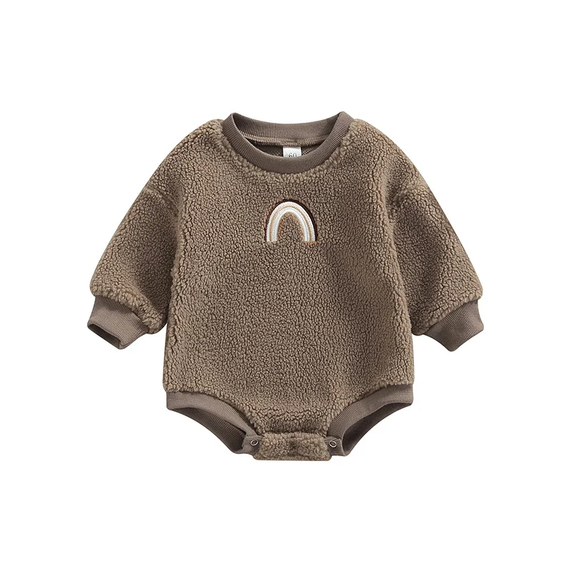 

Autumn Winter Plush Baby Romper Casual Fashion Rainbow Patchwork Long Sleeve Round Neck Triangle Bodysuits Baby Boys Girls 0-18M
