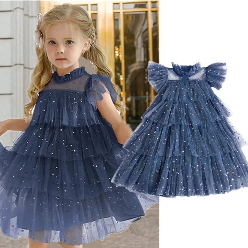 Girls Dress Summer Layers Cake Dress for Girls Sequin Ruffles Sleeve Tulle Tutu Dress Princess Birthday Party Vestidos Elegant Girls Dresses