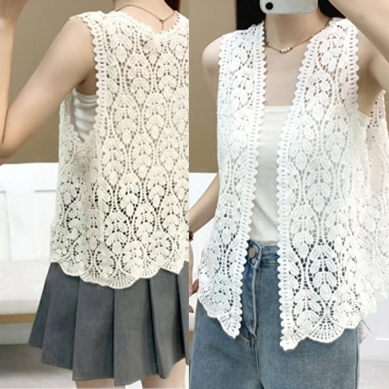

Women Knitted Crochet Vests Cardigans Sleeveless Open Front Waistcoat Beach Coat