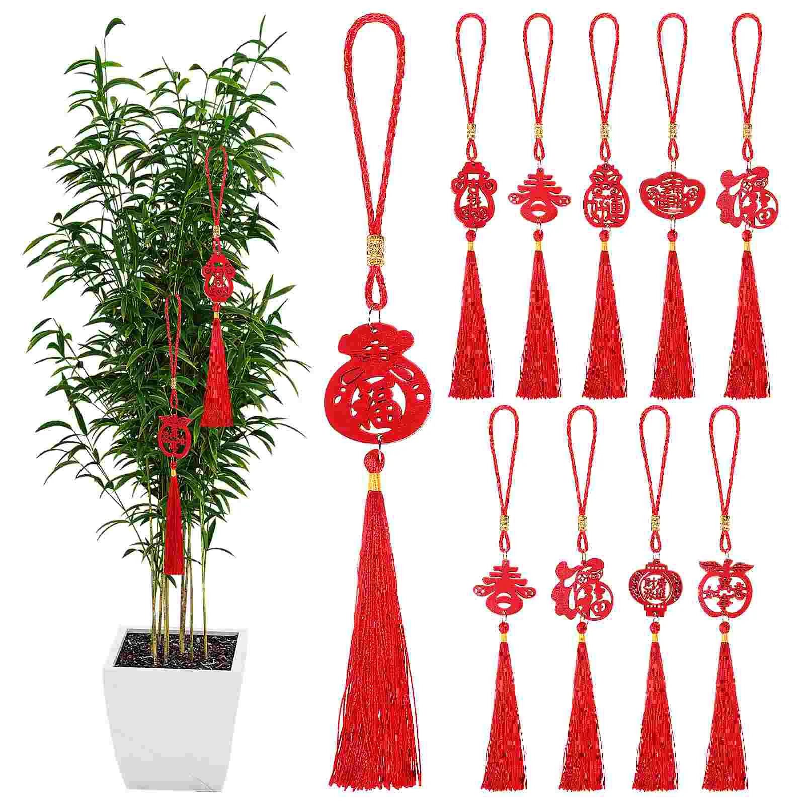 

10 Pcs All The Best Chinese Party Decorations Spring Word Festival Hanging Decors Wood New Tree Ornament Year Supply Plant Pot