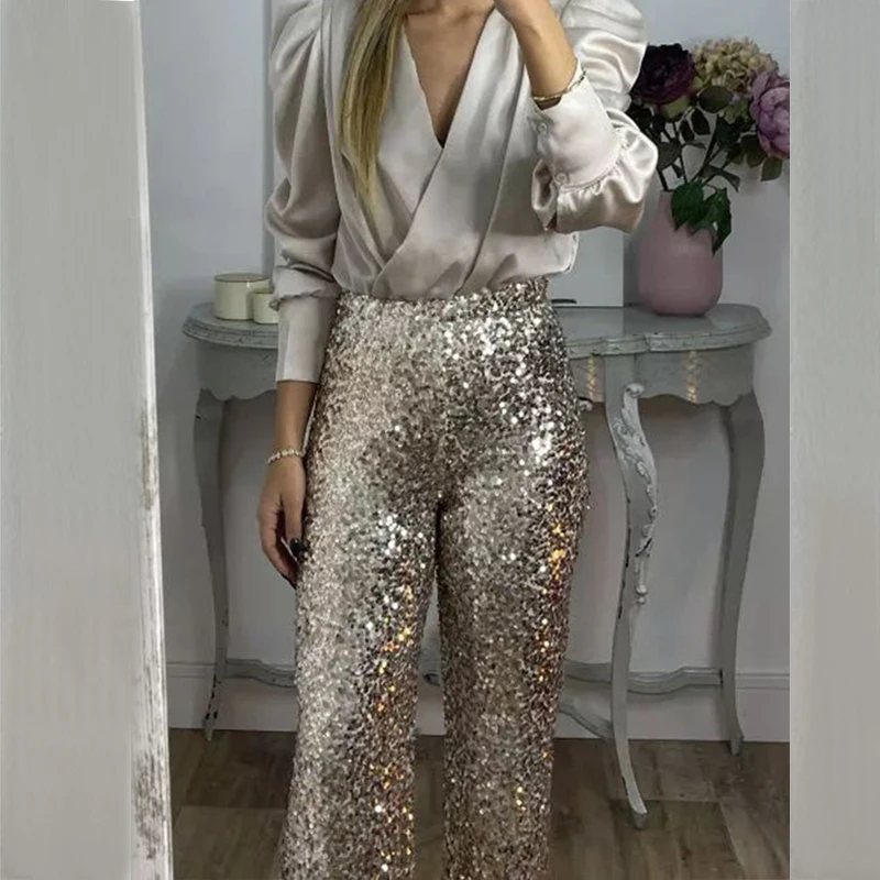 BKLD Party Glitter Pants Casual Slim Fit Elastic Solid Sequins Stylish Women Middle Waisted Wrapped Hip Trousers New OL Clothing