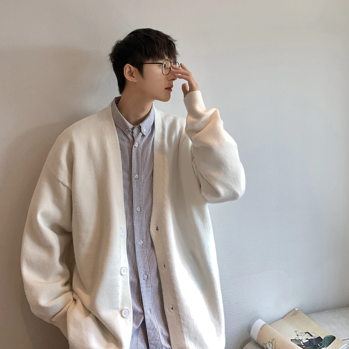 Men Cardigan Autumn Male Outwear Mens Sweaters V-neck Argyle Retro Japanese Trendy All-match Casual Oversized Loose Sweater