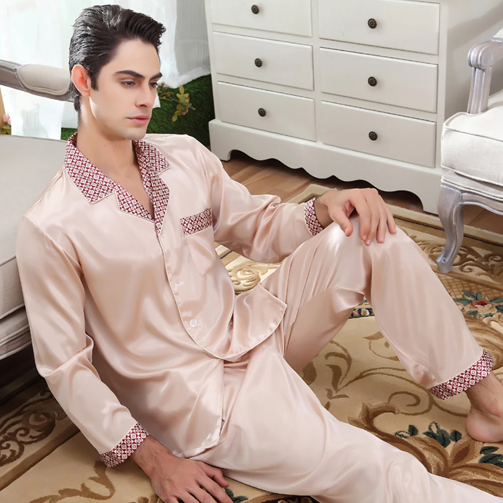 Luxury Male Silk Like Pajamas For Men Summer Ultra-thin Pajama Suit Solid Plaid Stitching Pijamas Loose Sleepwear pyjama homme
