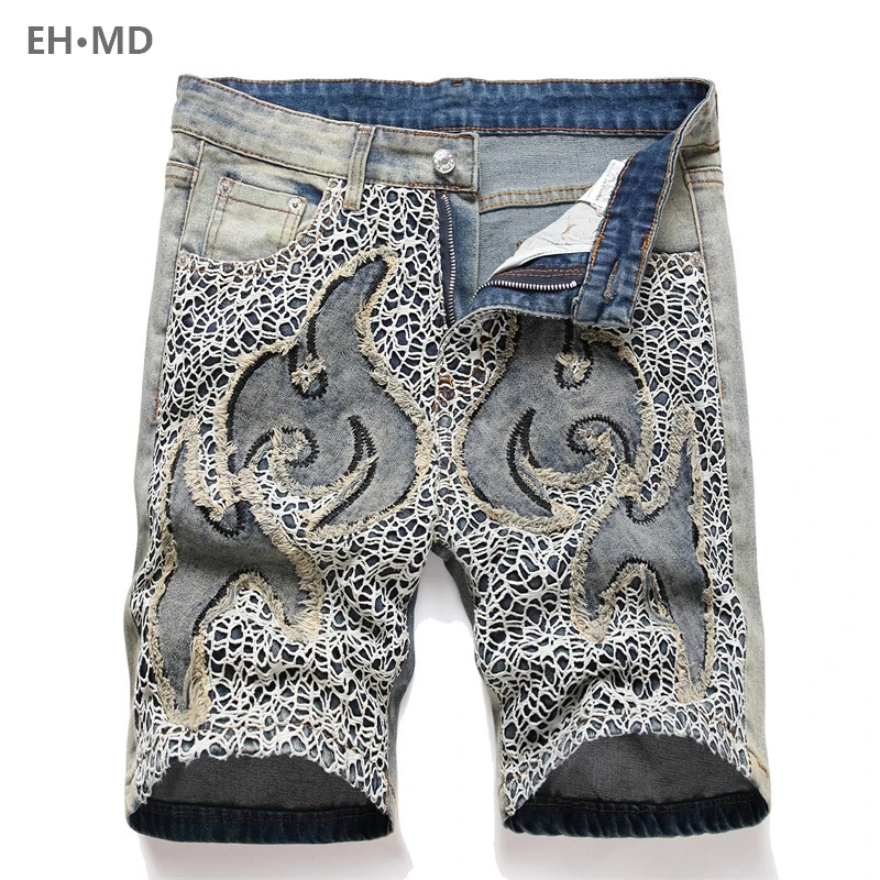 Summer Fluffy Embroidered Men's Denim Shorts Leather Leopard Pattern Mesh High Elastic 3D Printing Zipper Fit Splicing Trend 024