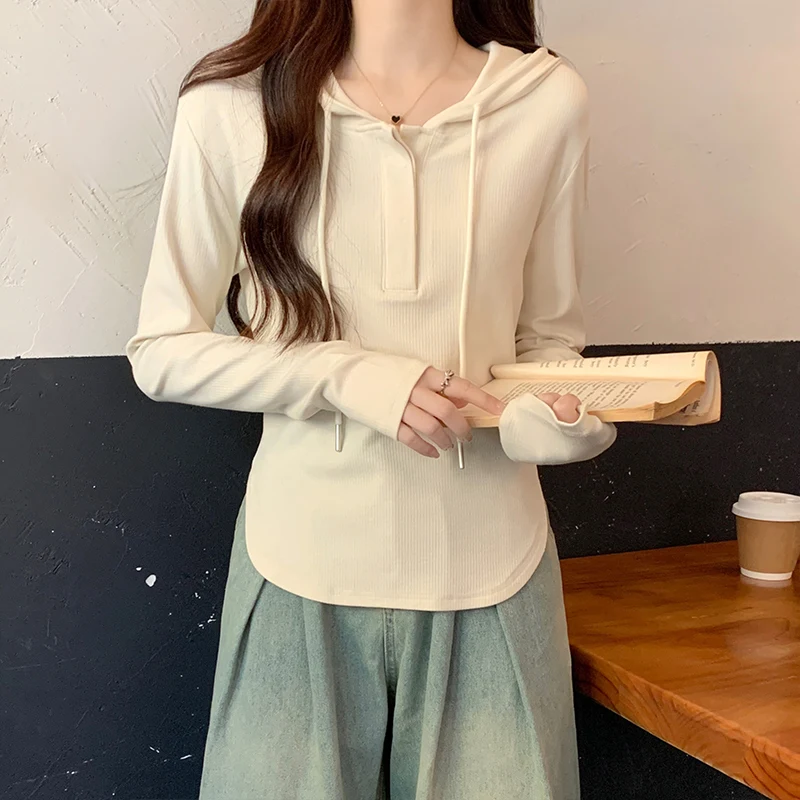 Spring Autumn Long Sleeved Irregular Hooded T-shirt for Women Drawstring Hoodies Female Casual Tops and Tees Beige Black Purple