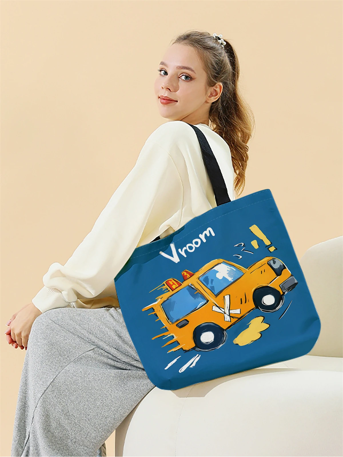 1pc,cartoon car handbag, reusable fashionable handbag, multifunctional handbag, printed canvas shopping bag