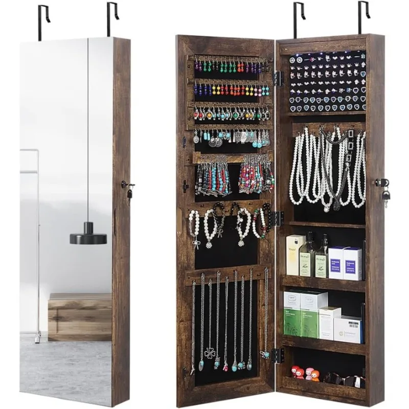 

Full Length Mirror Jewelry Cabinet,6 LEDs Jewelry Armoire Wall Mounted Over The Door Hanging with Lights Locker Mirrored Cabinet
