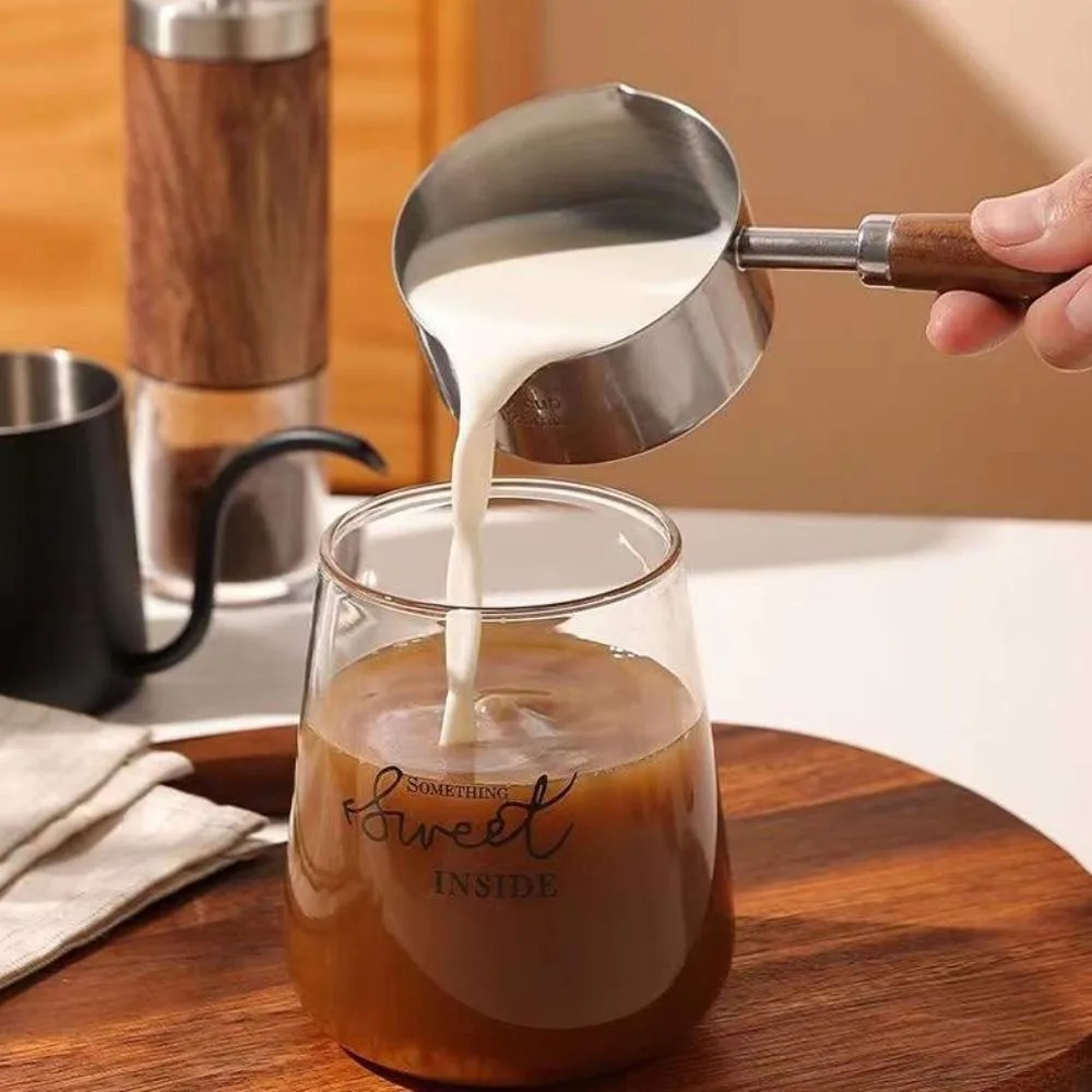 Wooden Handle Measuring Spoon 304 Stainless Steel Spout Small Sauce Chocolate Milk Pan with Scale Oil Pot for Kitchen Cookware
