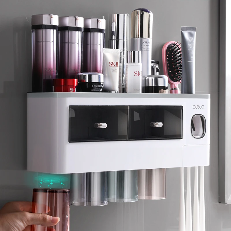 Toothpaste Squeezer Toothpaste Dispenser WIKHOSTAR Magnetic Adsorption Inverted Toothbrush Holder Wall Mounted Automatic Toothpaste Dispenser Squeezer for Bathrooms