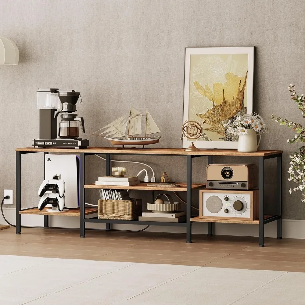 New2025-TV Stand with Power Outlets to 75 Inches, TV Console Table with Open Storage Shelves Cabinet, Industrial Media Entertain
