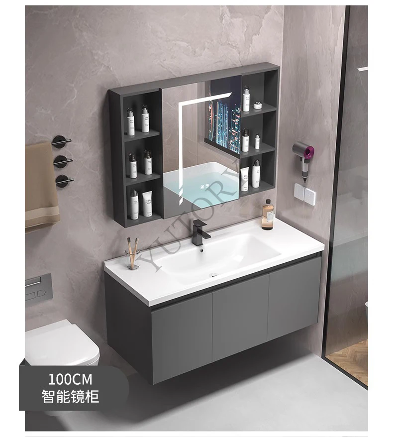 Thickened ceramic integrated face wash basin cabinet combination space aluminum bathroom cabinet rock slab, face wash sink