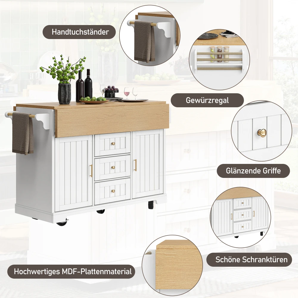 120 x 40 (80) x 95 cm Kücheninsel- und Buffetschrank – rollender doppelseitiger ausziehbarer Trolley, Türen + Schubladen, Handtuchhalter und Gewürzregal – Detail 38
