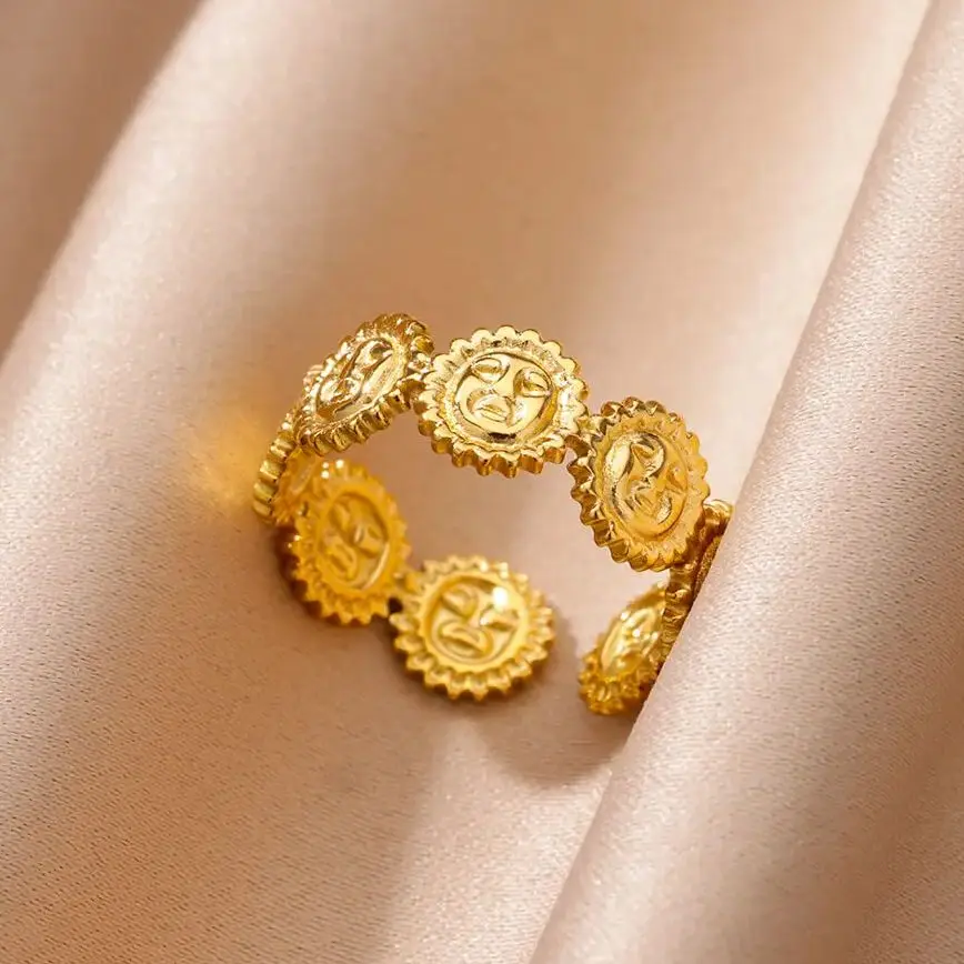 Vintage Sun Face Rings Women Gold Stainless Steel Adjustable Ring