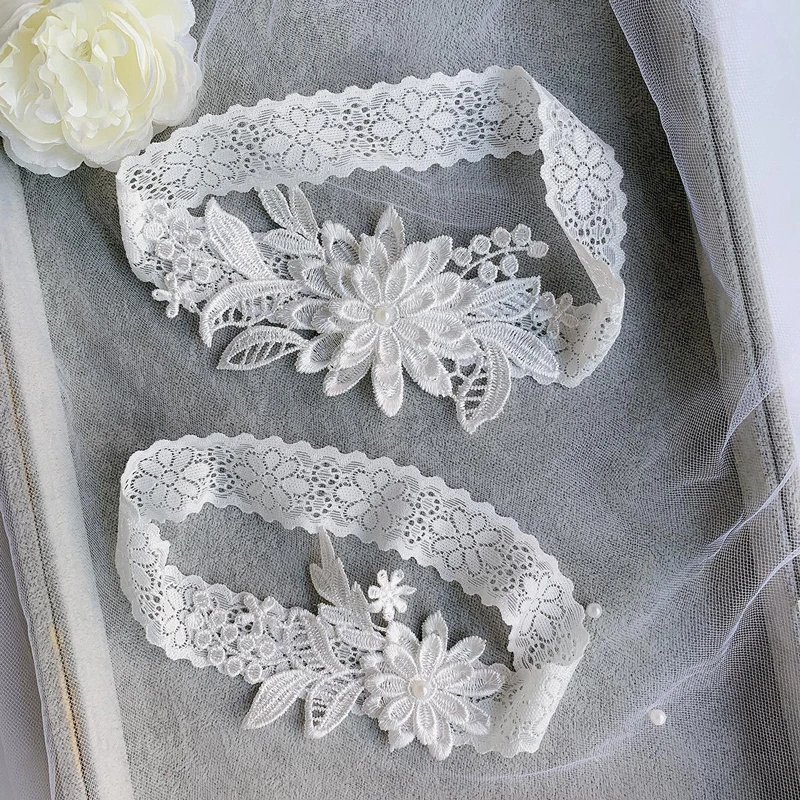 2Pcs Fashion Women Bride Sexy Lace Flower Rhinestones Pearls Wedding Garter White Thigh Leg Garter Ring Wedding Accessories garter belt lace garter belt