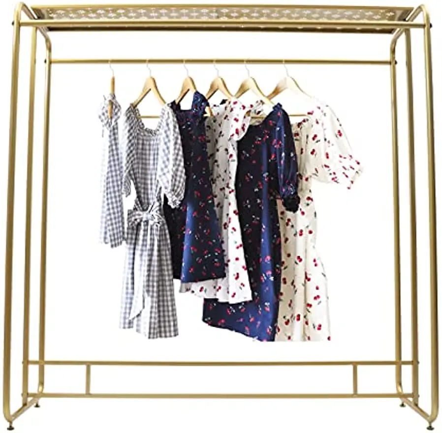 

Heavy Duty Gold Clothing Rack For Boutique Use, Metal Garment Rack With Top Shelf, Dual-Bar Clothes Rack For Retail Display