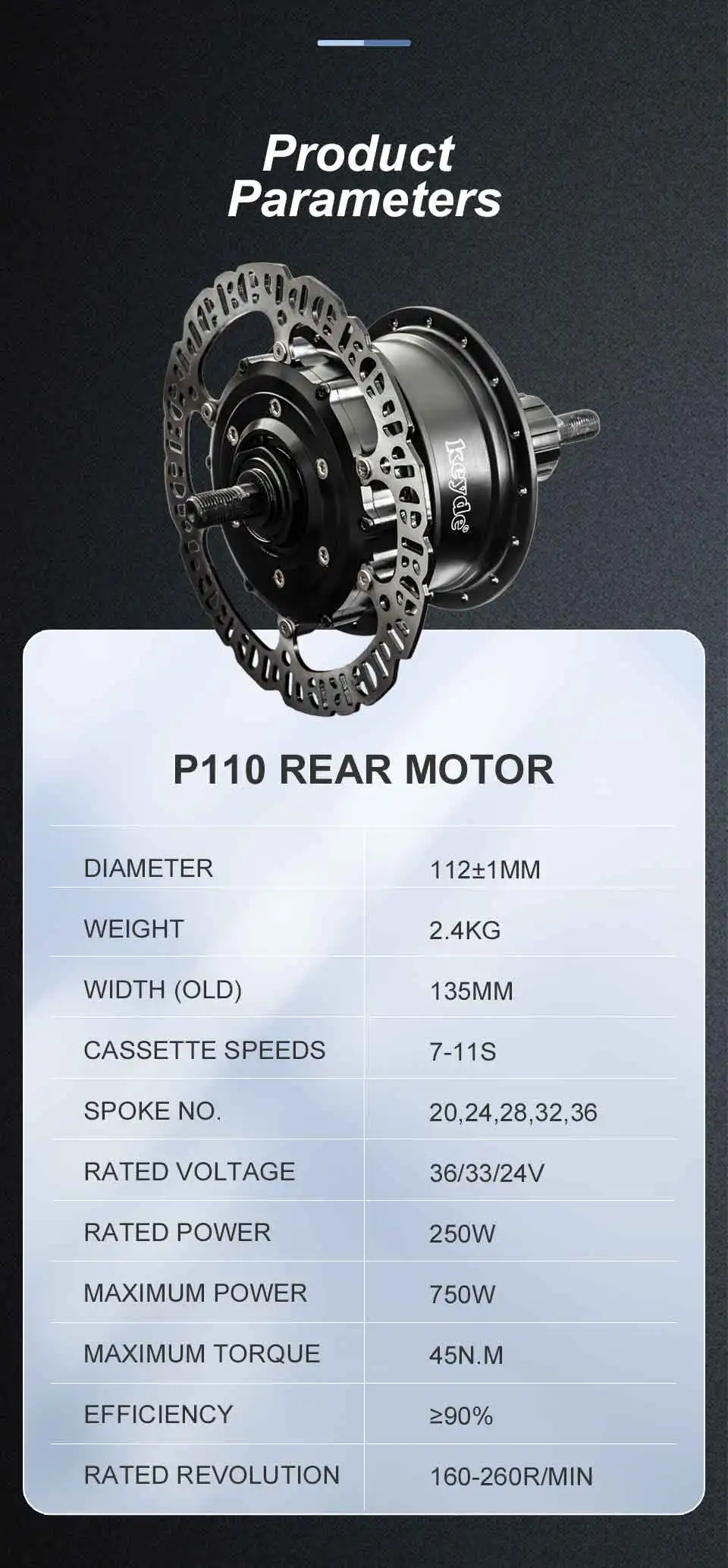 Keyde P110 electric bicycle rear hub motor 36V 750W wirelsss control CE ebike engine with large power