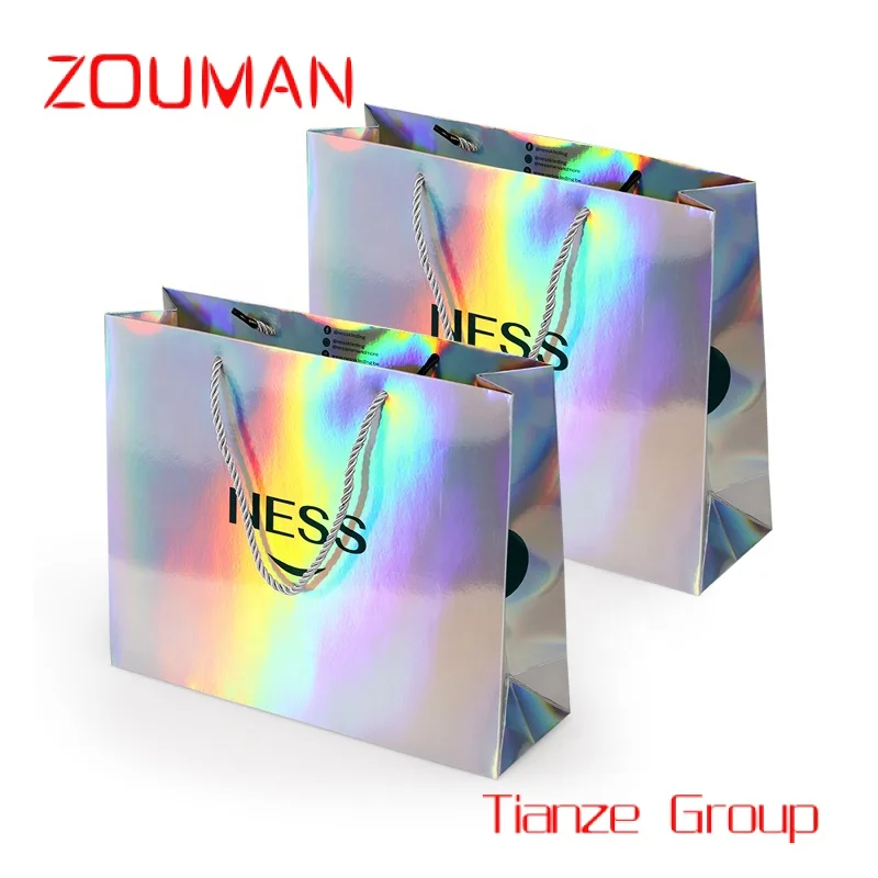 

Custom , Custom your own logo printing private label beautiful holographic gift cosmetic carry bags luxury paper shopping bag wi