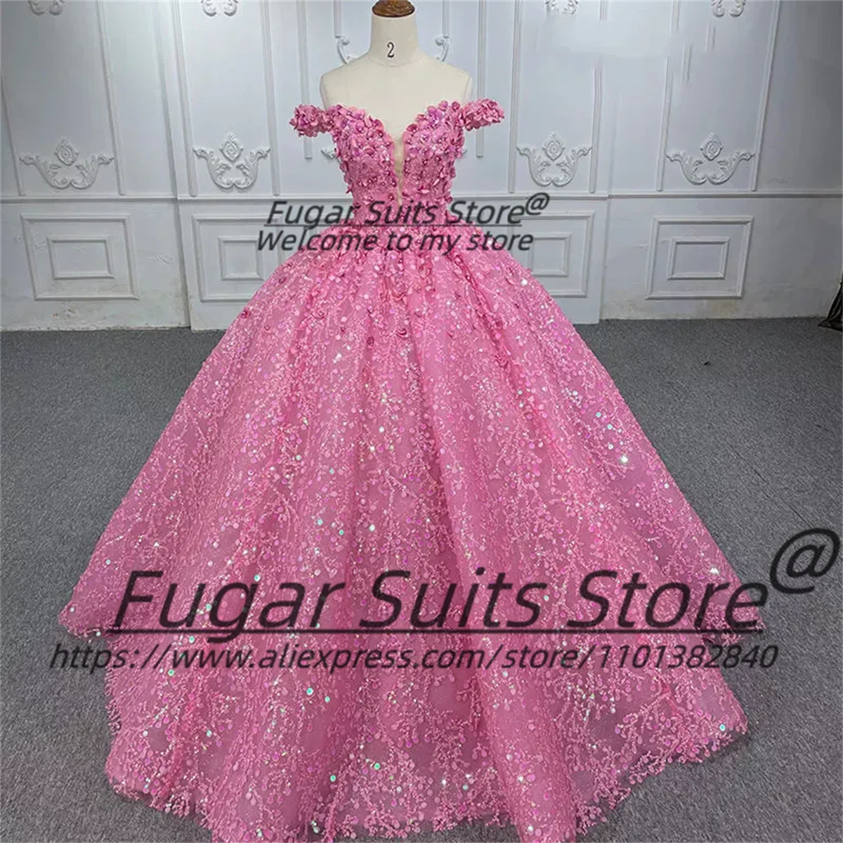 Quinceanera Dress Pink Princess Off Shoulder Beaded Birthday Ball Gown Appliques Gown Sweet 15 16 Party Gowns