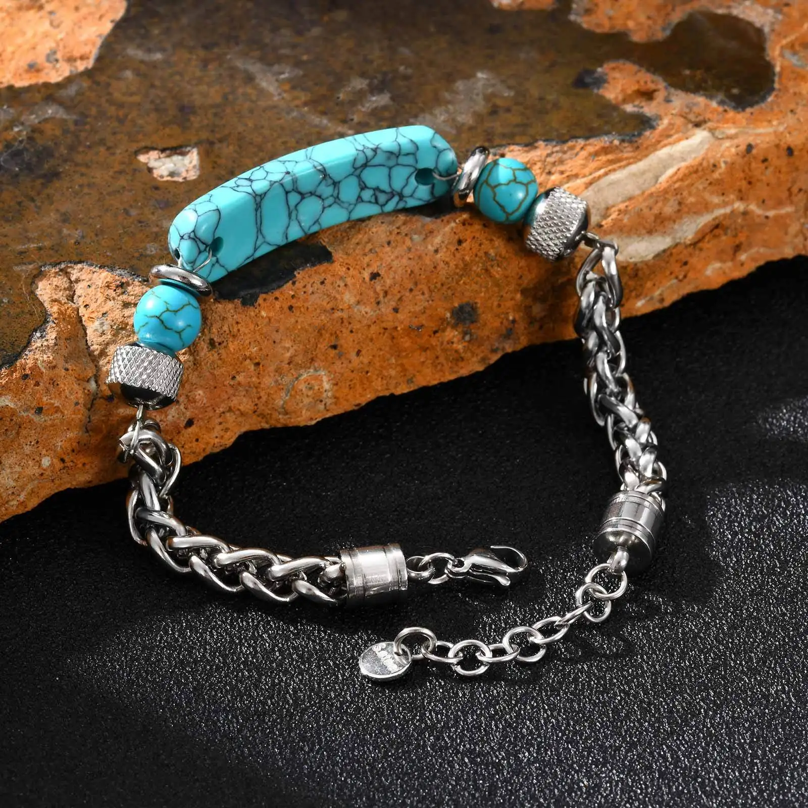 Trendy Natural Turquoise Chain Bracelet for Men Boys,Stainless Steel Adjustable Link Wristband,Male Jewelry Gift for Him