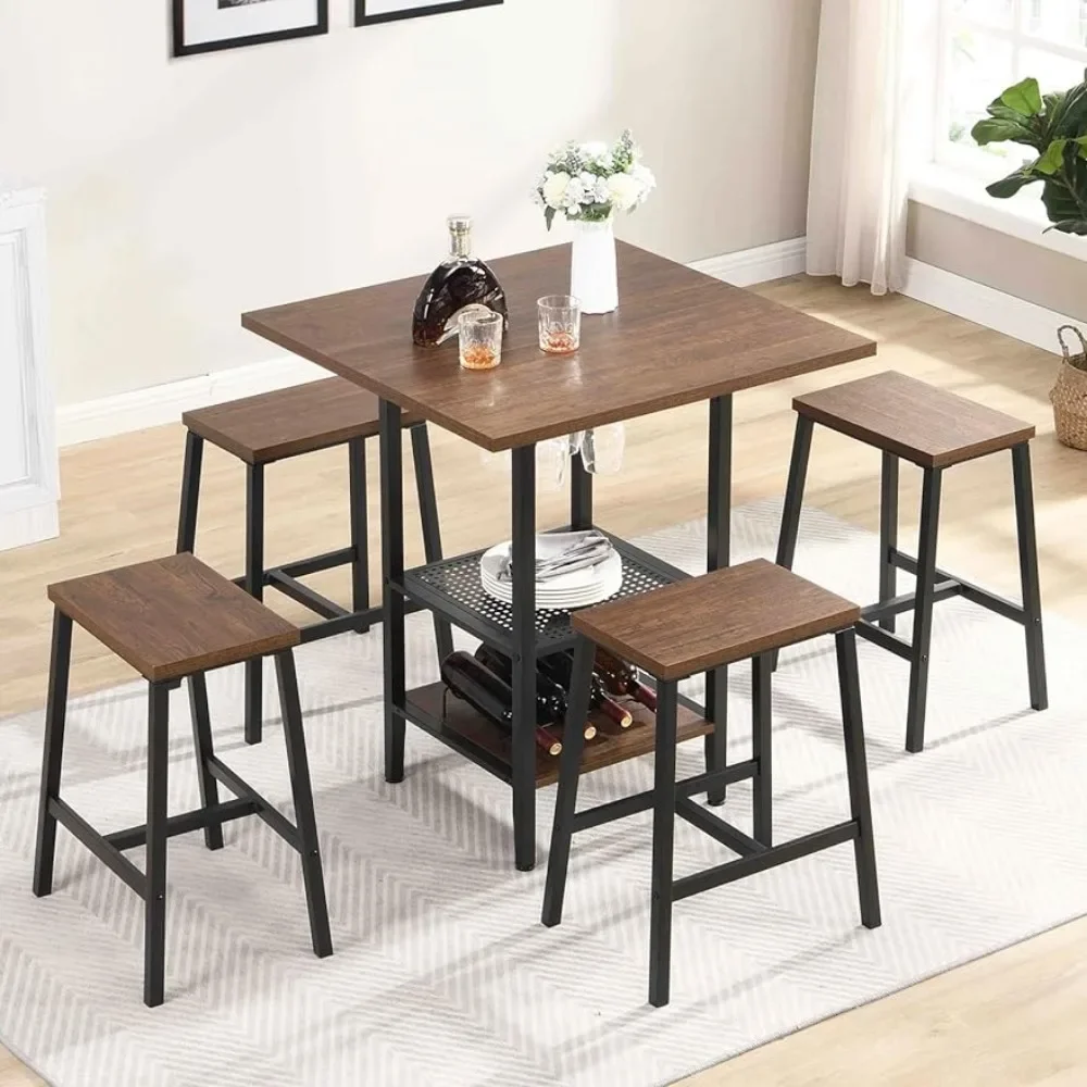 

5-Piece Table and Chairs Set for 4, Counter Height with 4 Stools, Kitchen Tables with Shelves,Brown 31.5 INCH Dining Room Sets