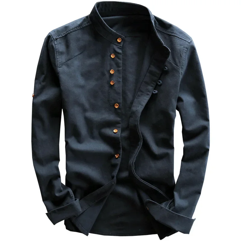 Men Cotton Linen Shirts Long Sleeve Casual Slim Mandarin Collar Business Dress cotton shirt long sleeve shirt men casual shirt